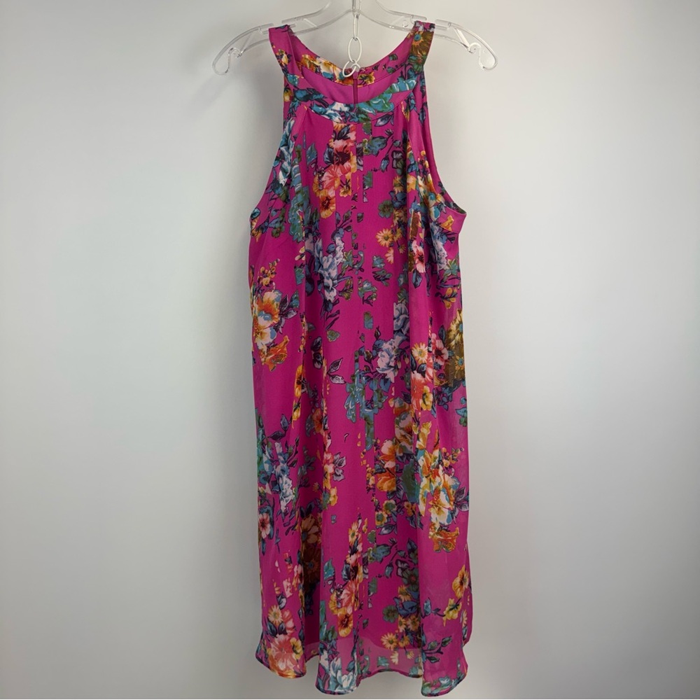 Betsey Johnson‎ Pink Floral Chiffon Halter Neck A-line Dress Women's Sz. 12